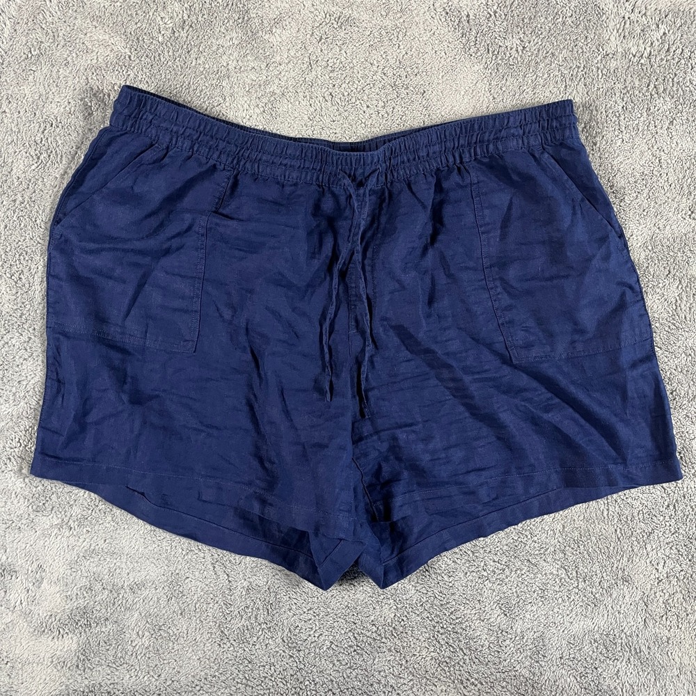 Lands' End Linen Shorts Women 3X Blue High Rise Pockets Elastic Waist Drawstring